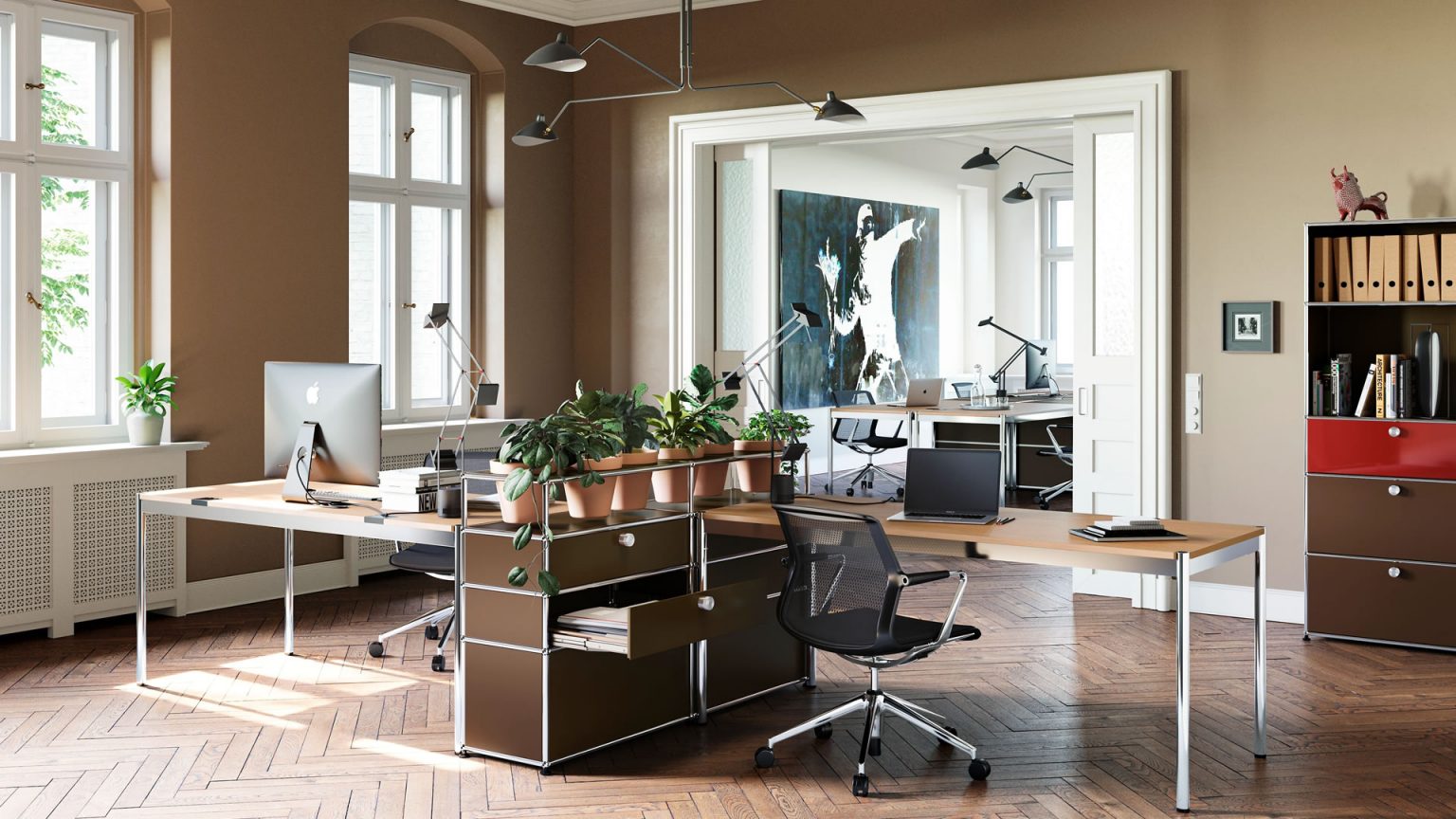 Helles Büro mit USM Haller Regalen und Schreibtischen, ergonomischen Stühlen und Pflanzen – modernes Bürokonzept von Loeser Braunschweig